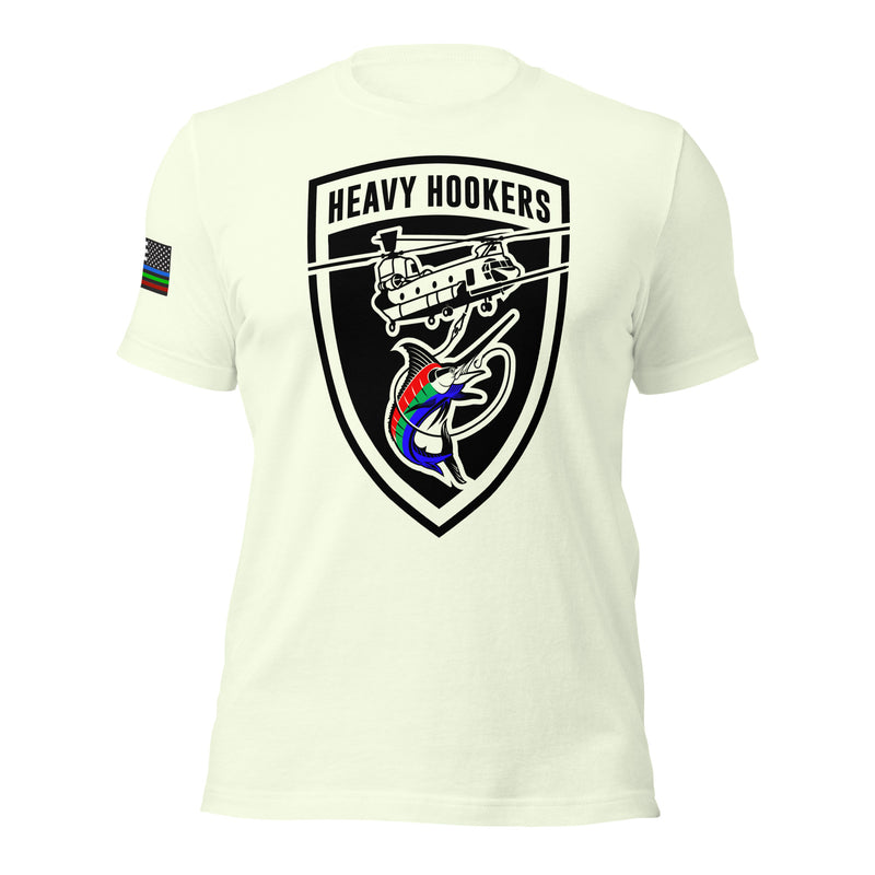 Heavy Hookers Large Logo with First Responder, Soldier, Law Enforcement Flag Unisex t-shirt